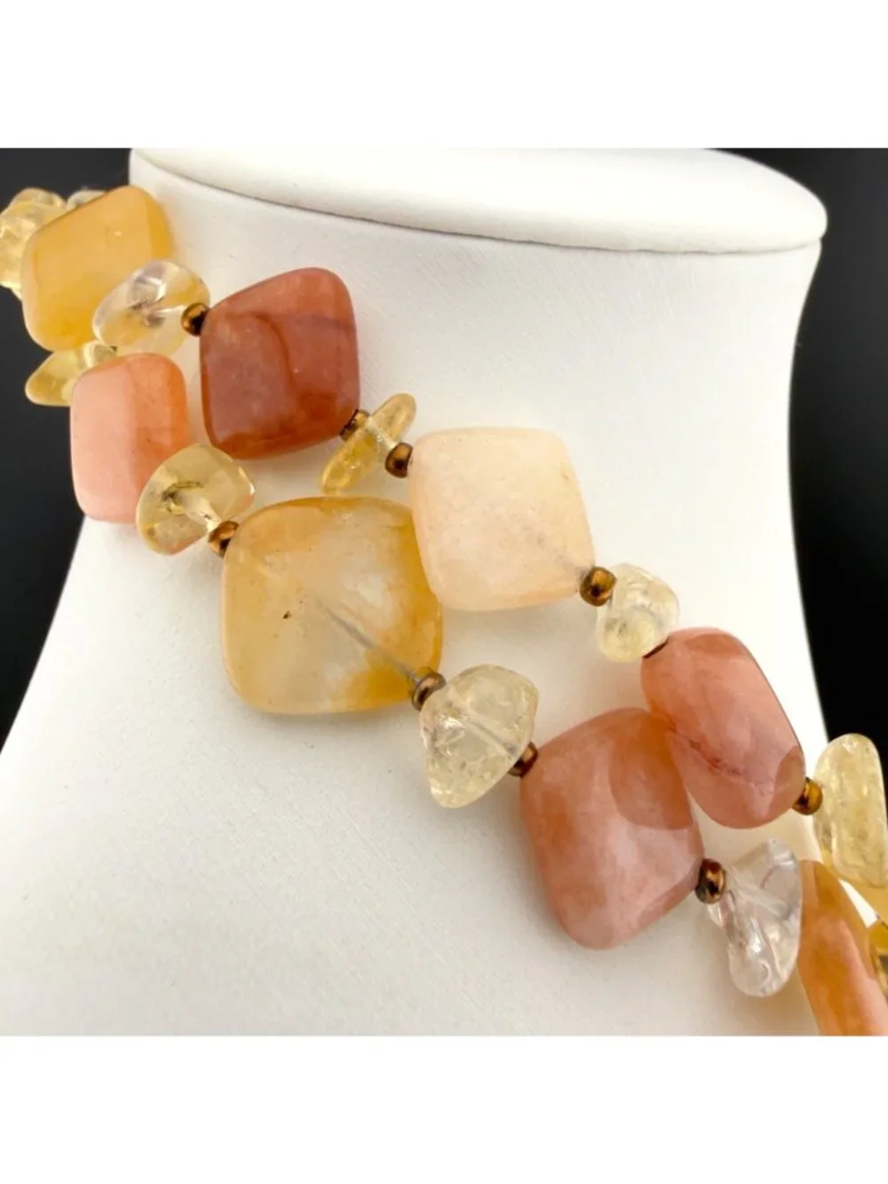 Natural Stone Beaded Necklace Double Strand Yellow Peach Sterling Silver Clasp